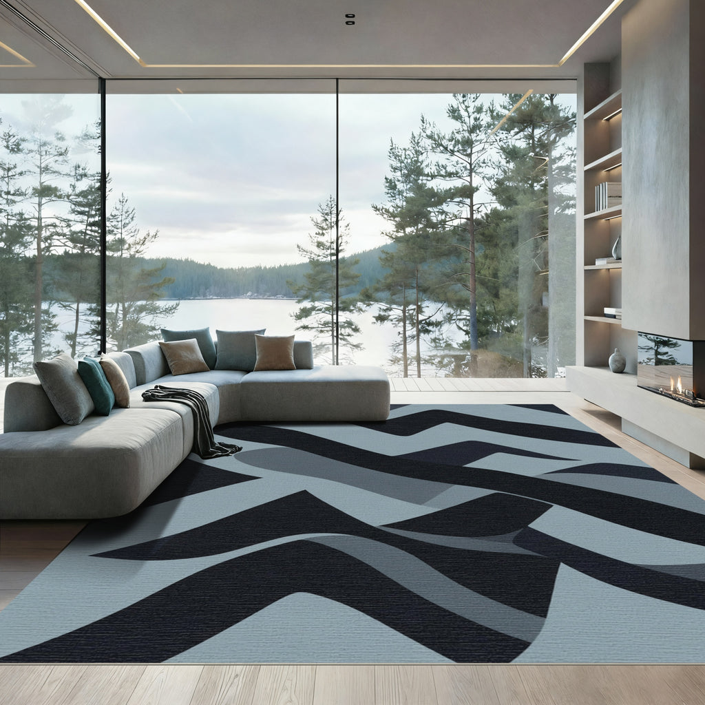 Dark Blue Abstract Wavy Landscape Rug