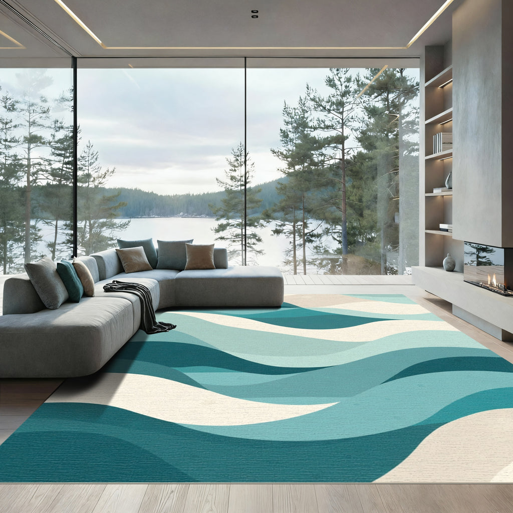 Calm Teal Cream Layered Wave Rug