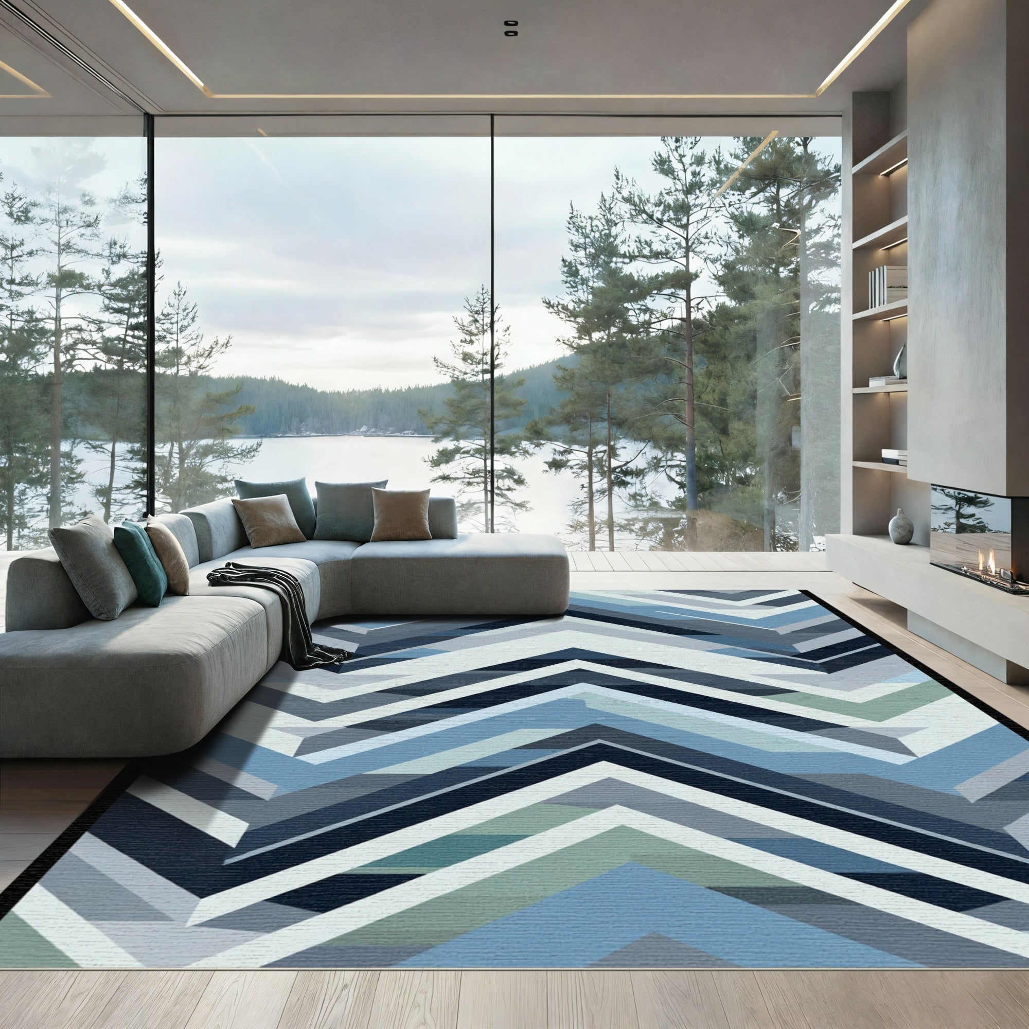 Cool Blue Chevron Geometric Rug