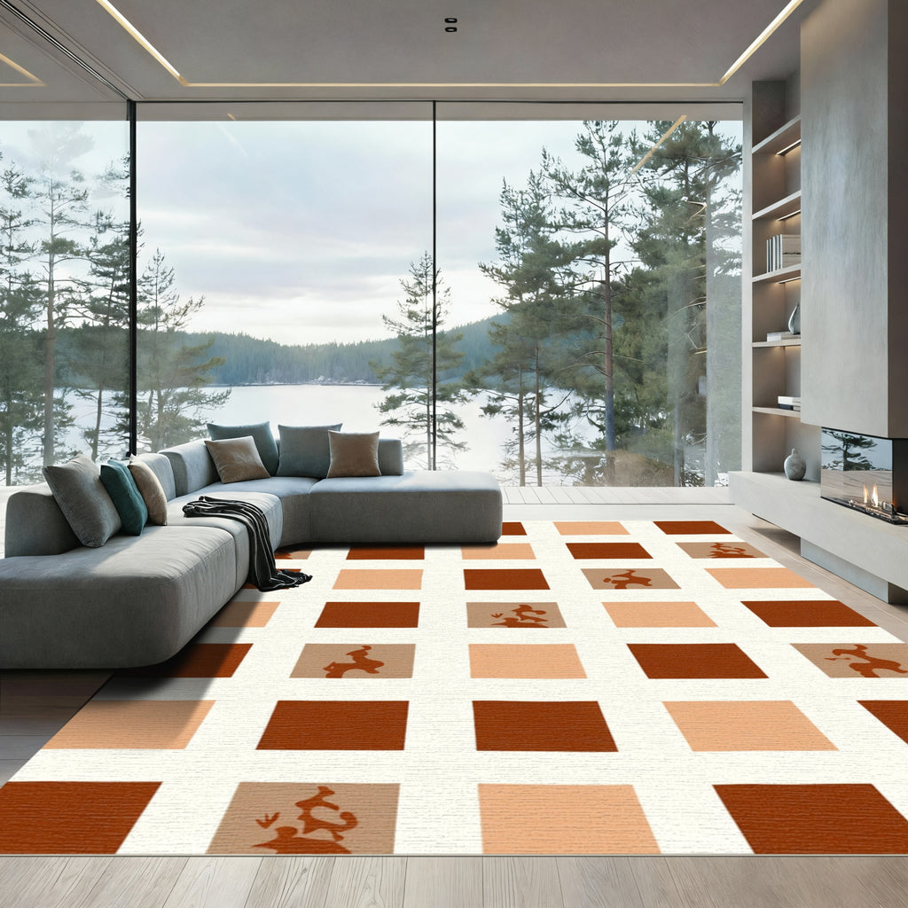 Terracotta Abstract Grid Squares Rug