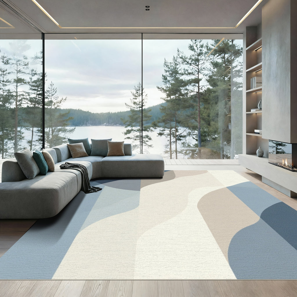 Abstract Blue Beige Wave Forms Rug