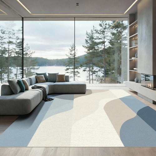Abstract Blue Beige Wave Forms Rug