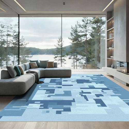 Abstract Blue Camouflage Geometric Collage Rug