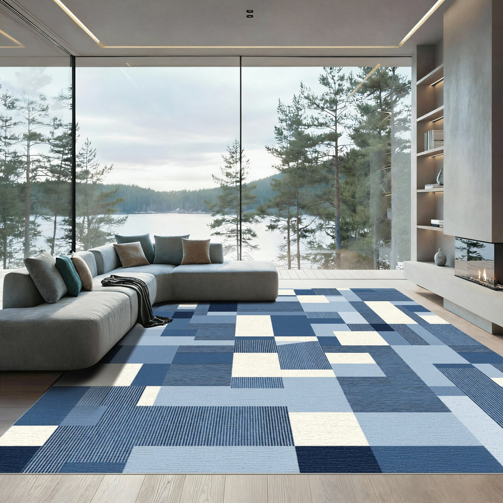 Abstract Blue Rectangles Stripe Harmony Rug