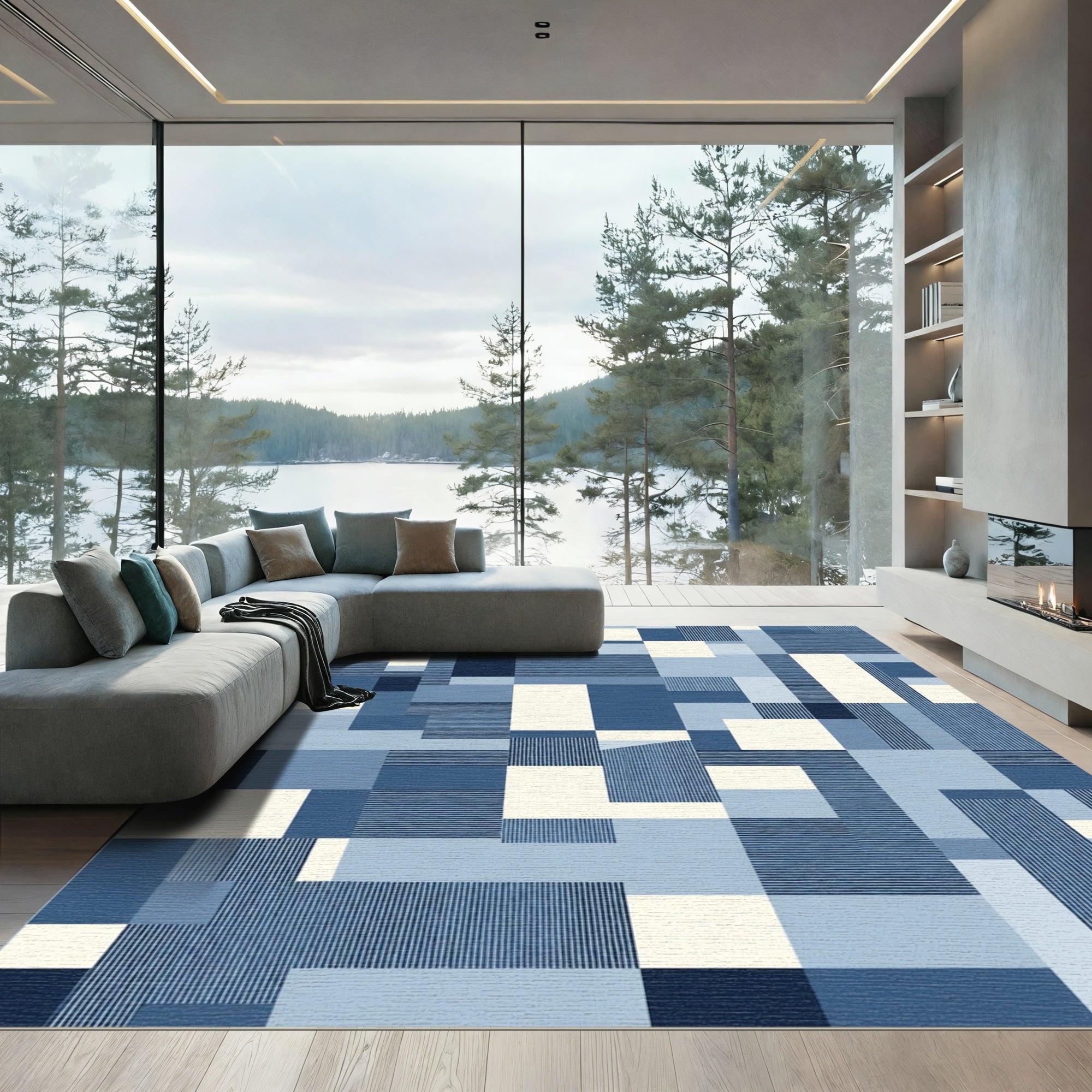 Abstract Blue Rectangles Stripe Harmony Rug