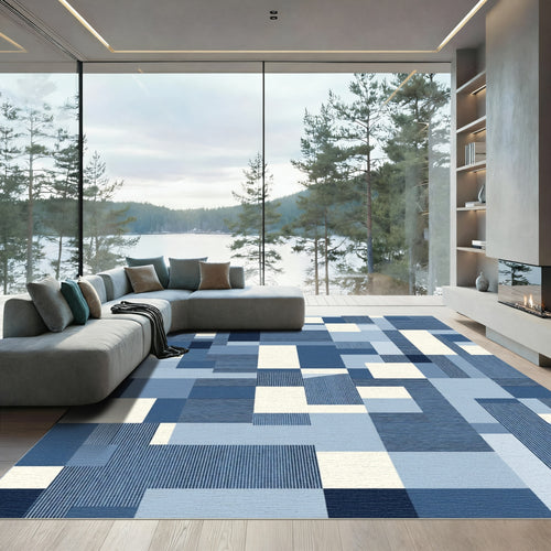 Abstract Blue Rectangles Stripe Harmony Rug