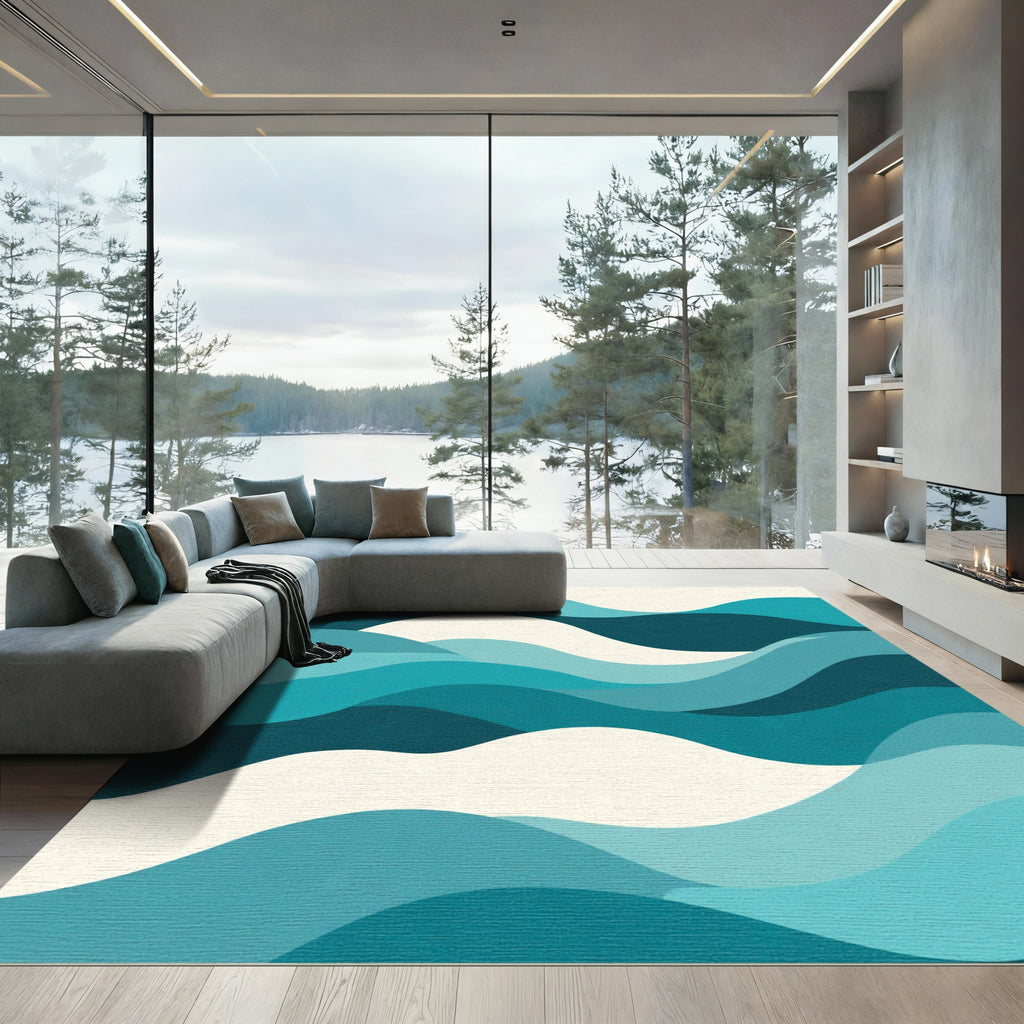 Teal Ocean Wave Abstract Rug