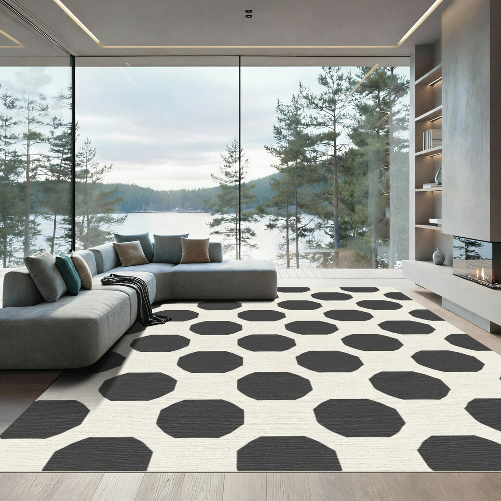 Cream And Black Octagon Grid Rug