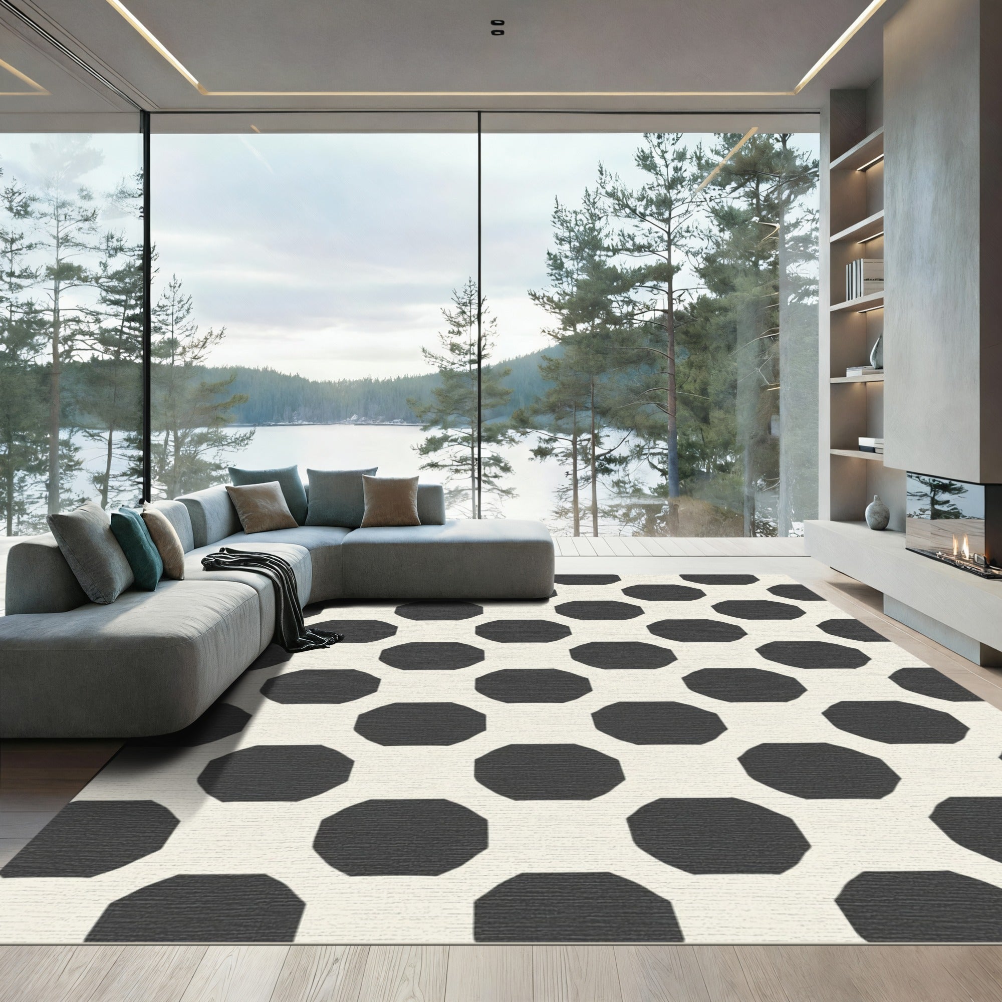 Cream And Black Octagon Grid Rug