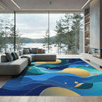 Abstract Blue Gold Wavy Swirls Rug