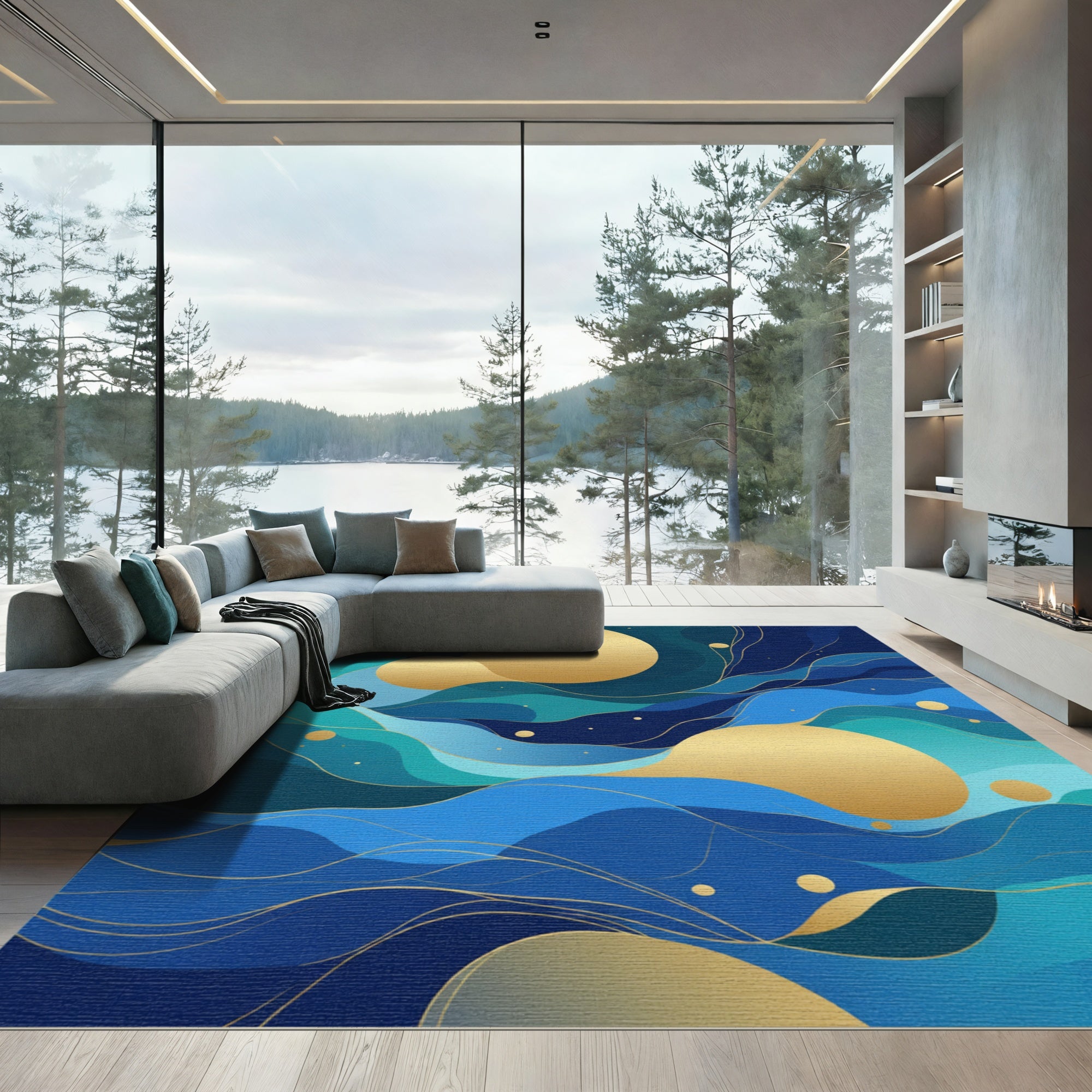 Abstract Blue Gold Wavy Swirls Rug