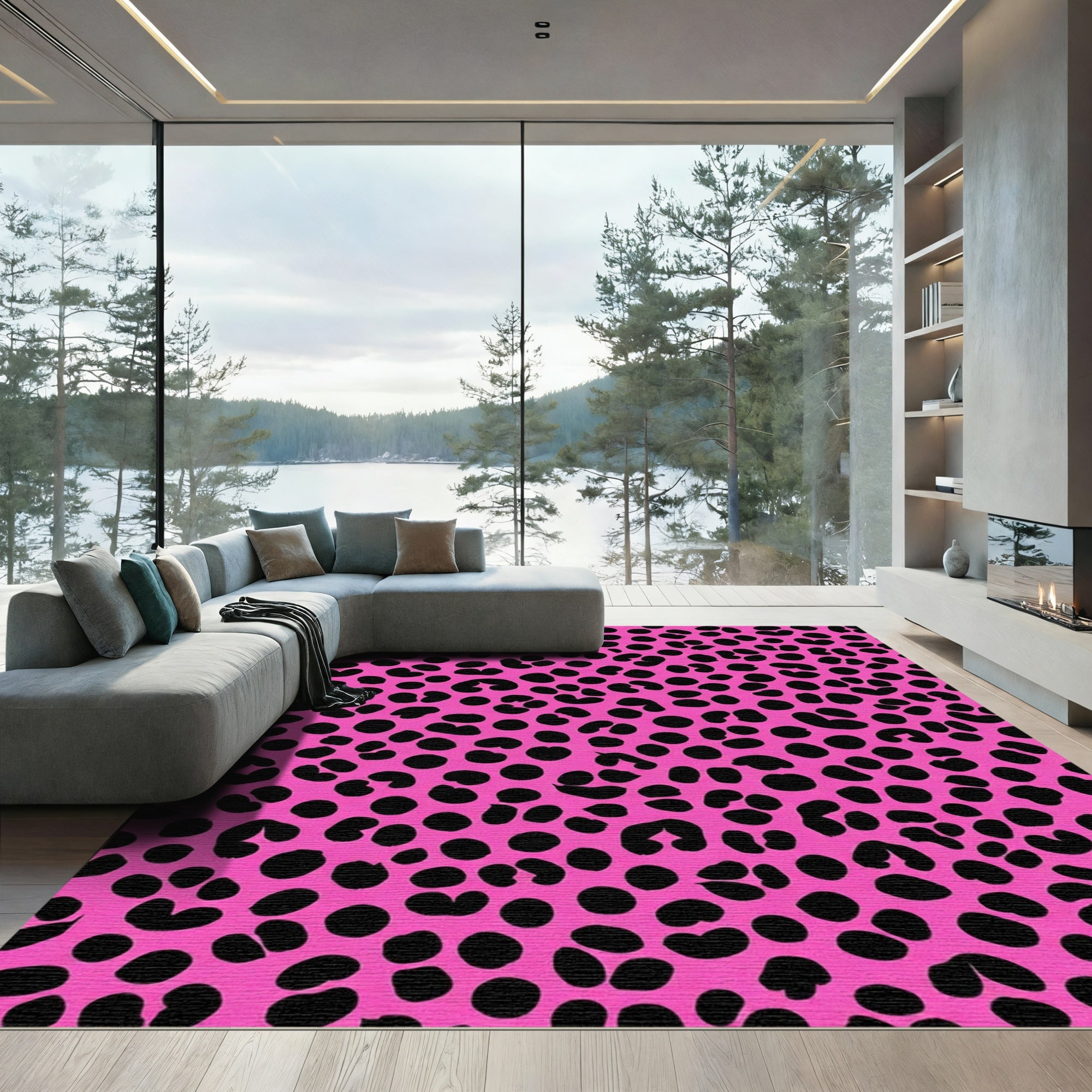 Bright Pink Black Leopard Spots Rug