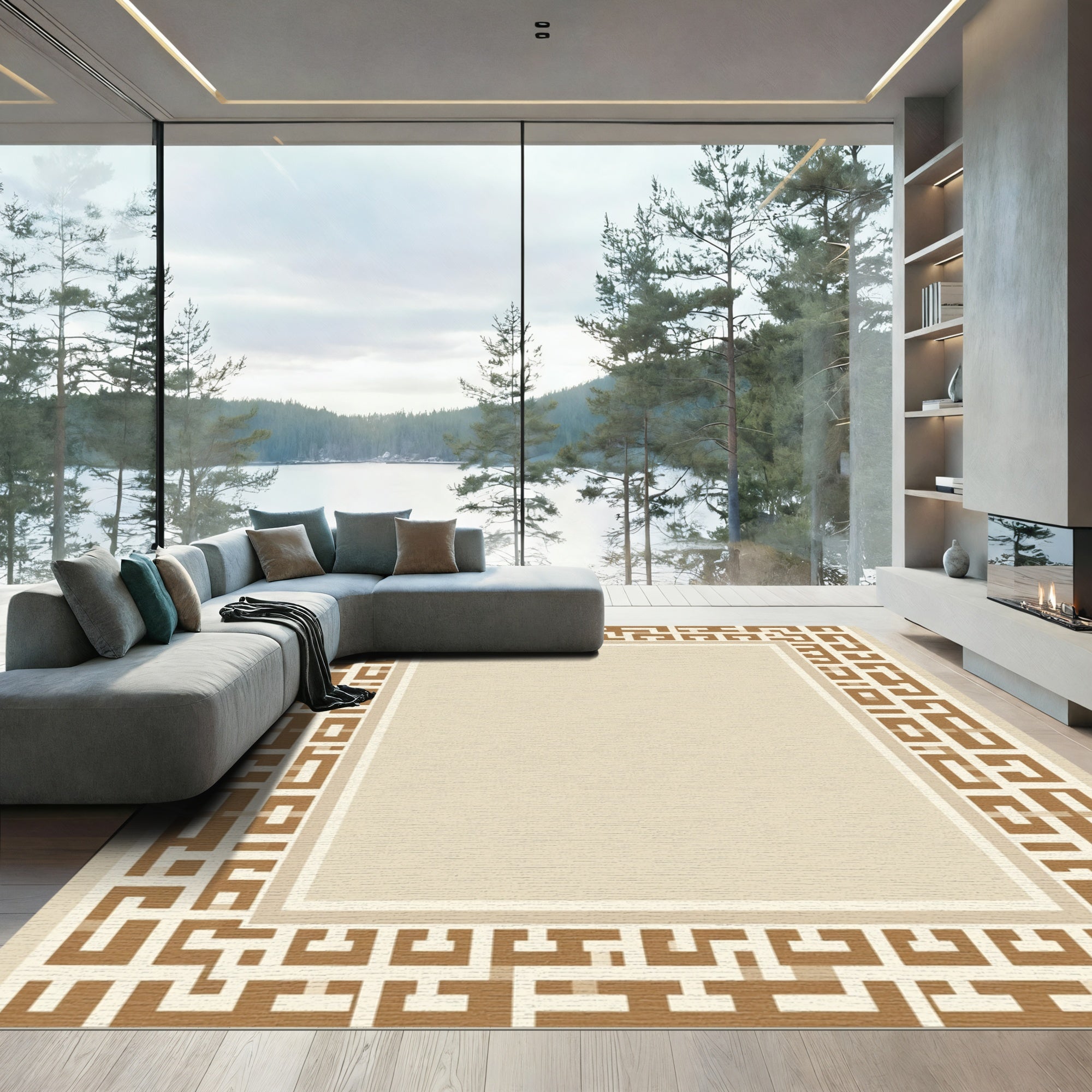 Geometric Taupe Border Modern Rug