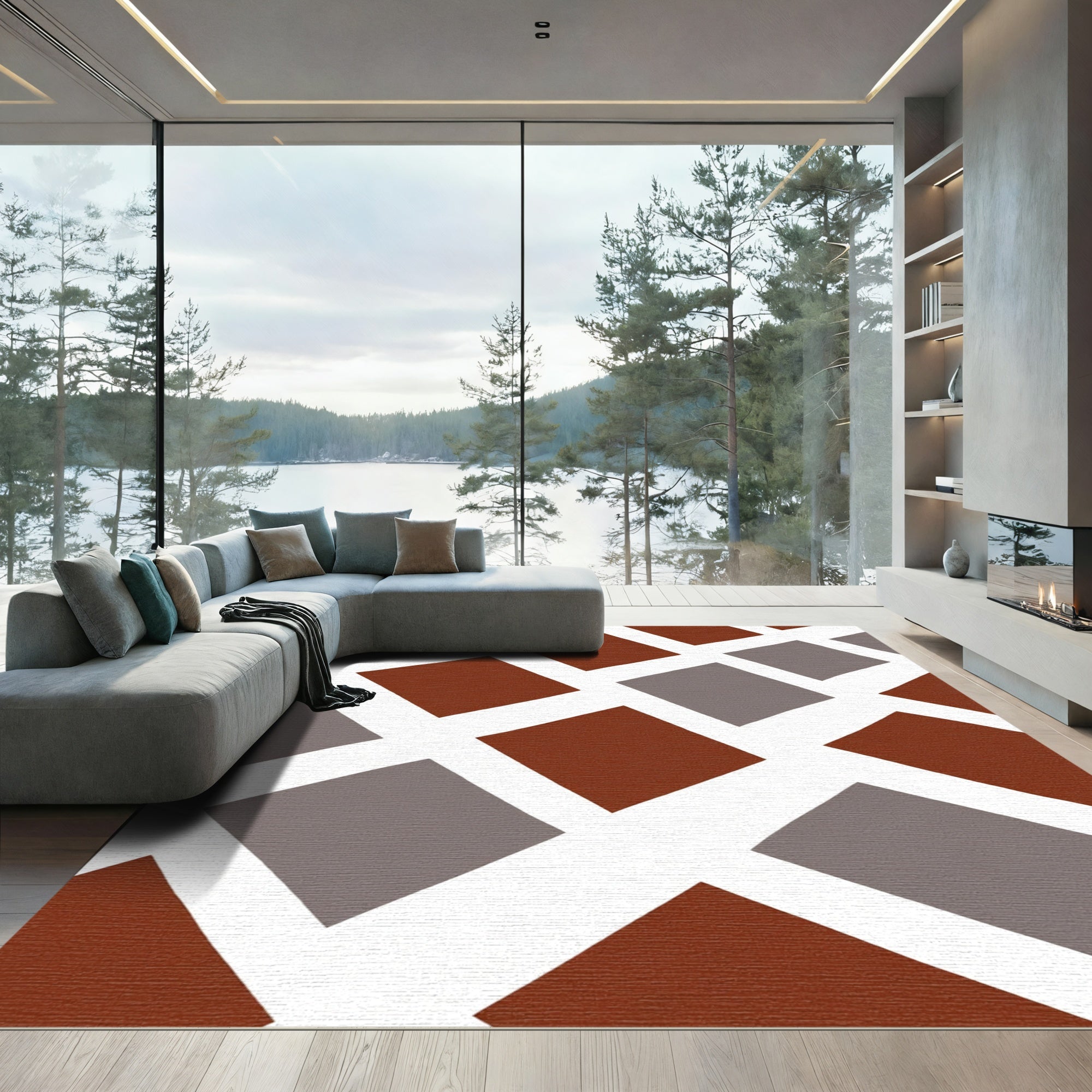 Brown Gray Interlocking Square Arrangement Rug