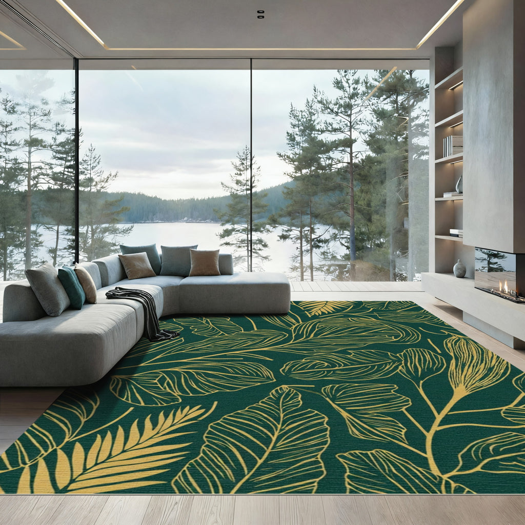 Deep Green Golden Leaf Botanical Rug