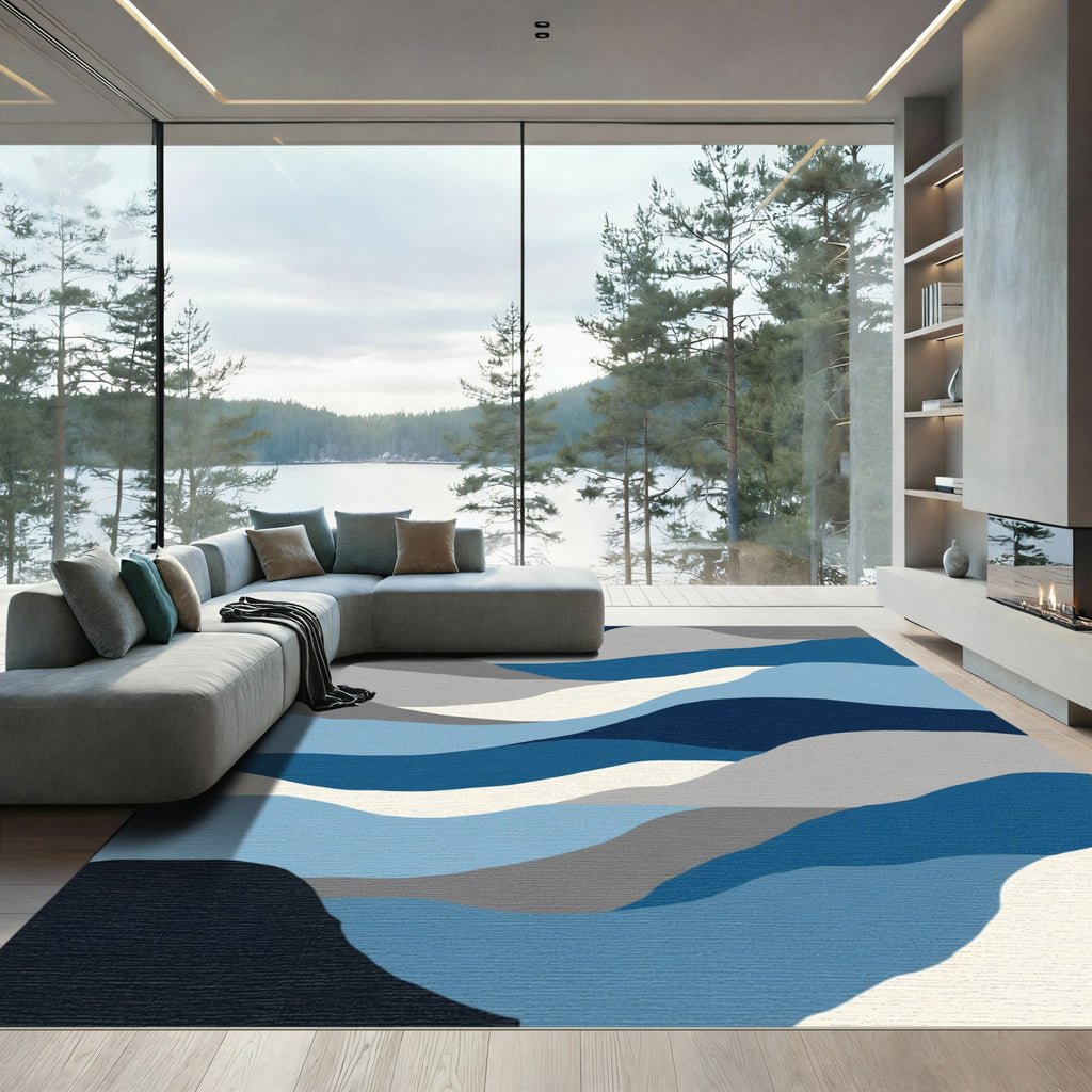 Abstract Wavy Blue Gray Landscape Rug