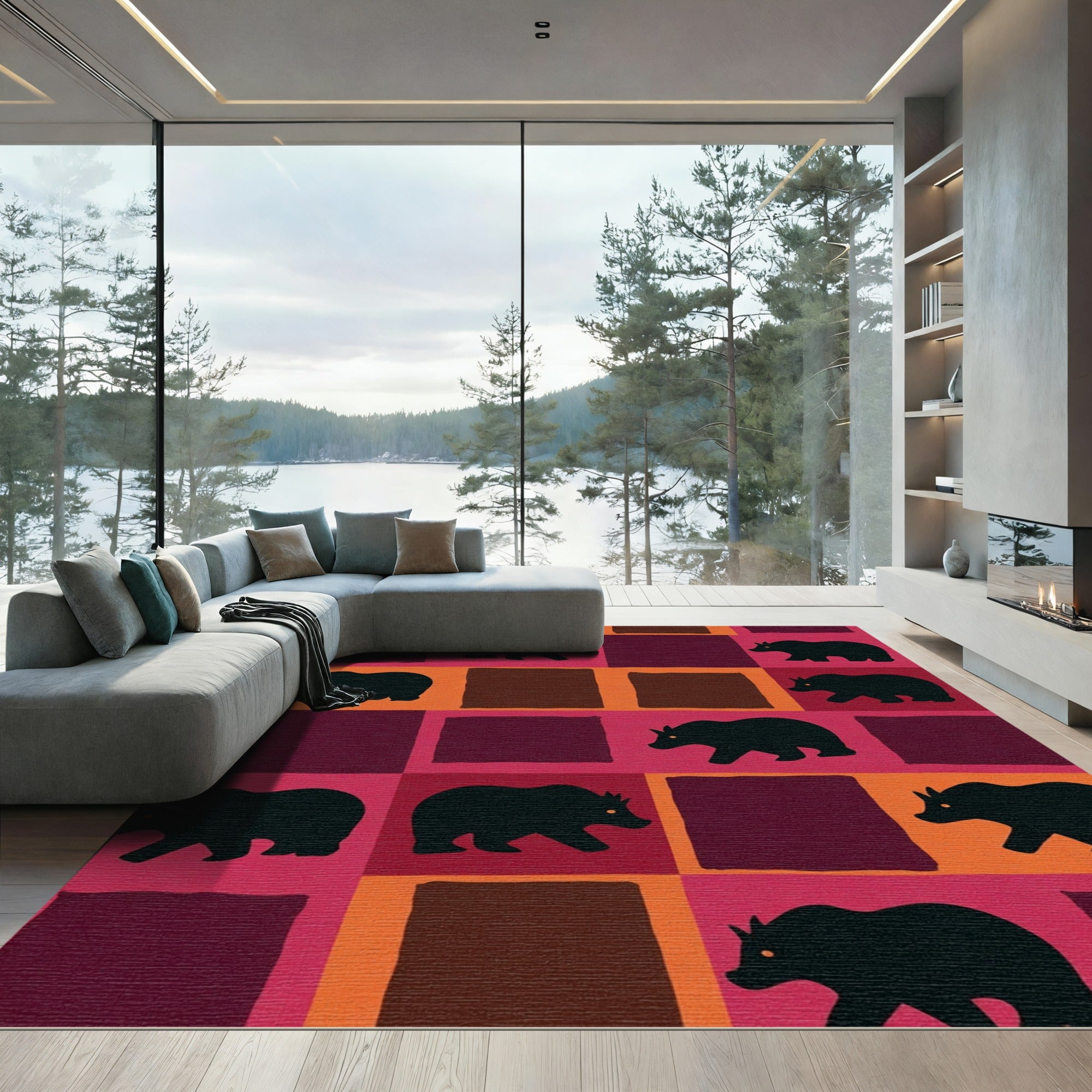 Rustic Black Bear Squares Design Rug