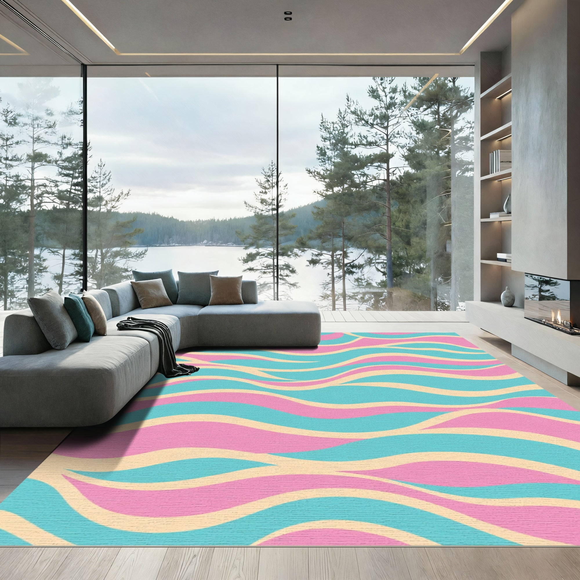 Pastel Pink Turquoise Wavy Stripes Rug