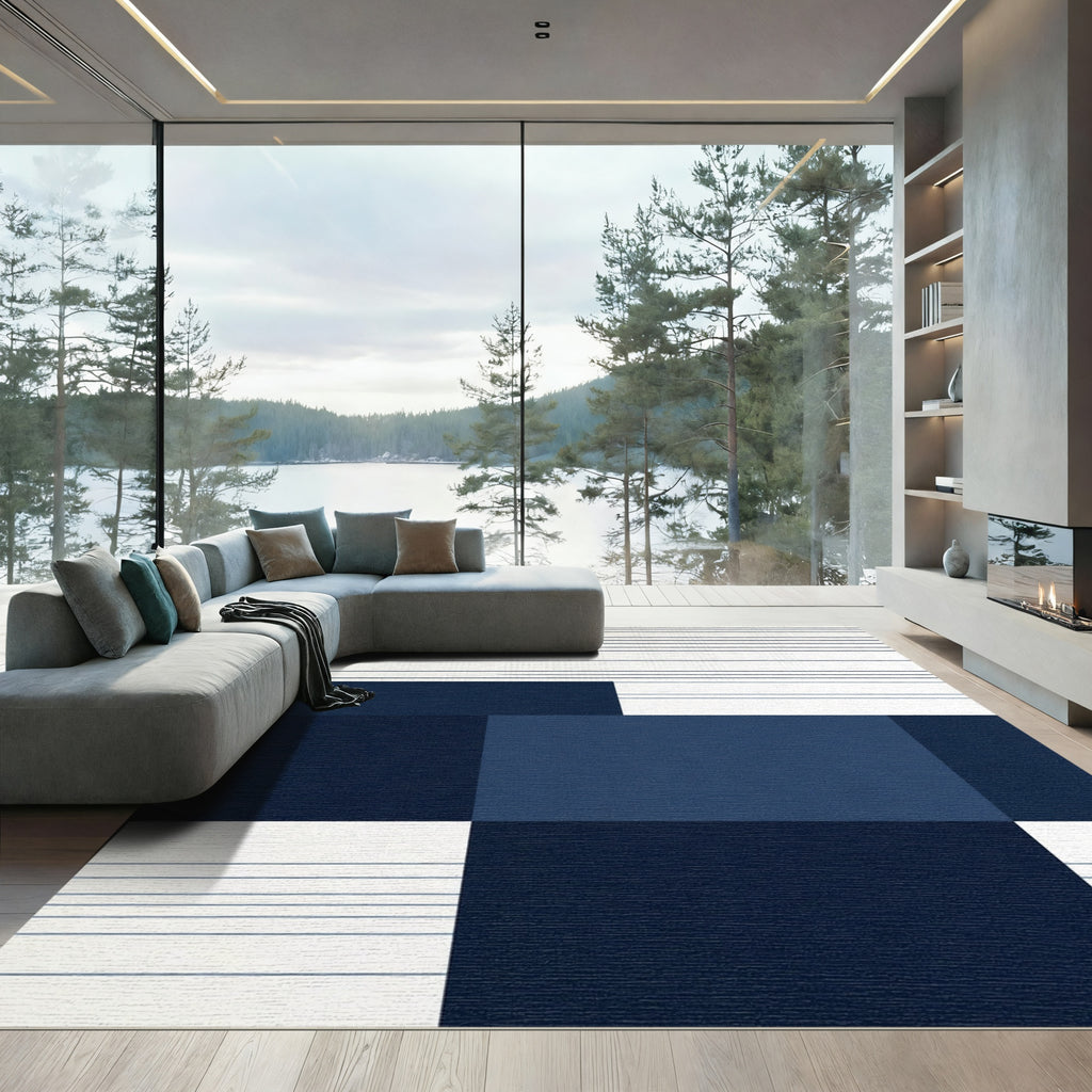 Abstract Navy Blue Geometric Blocks Rug