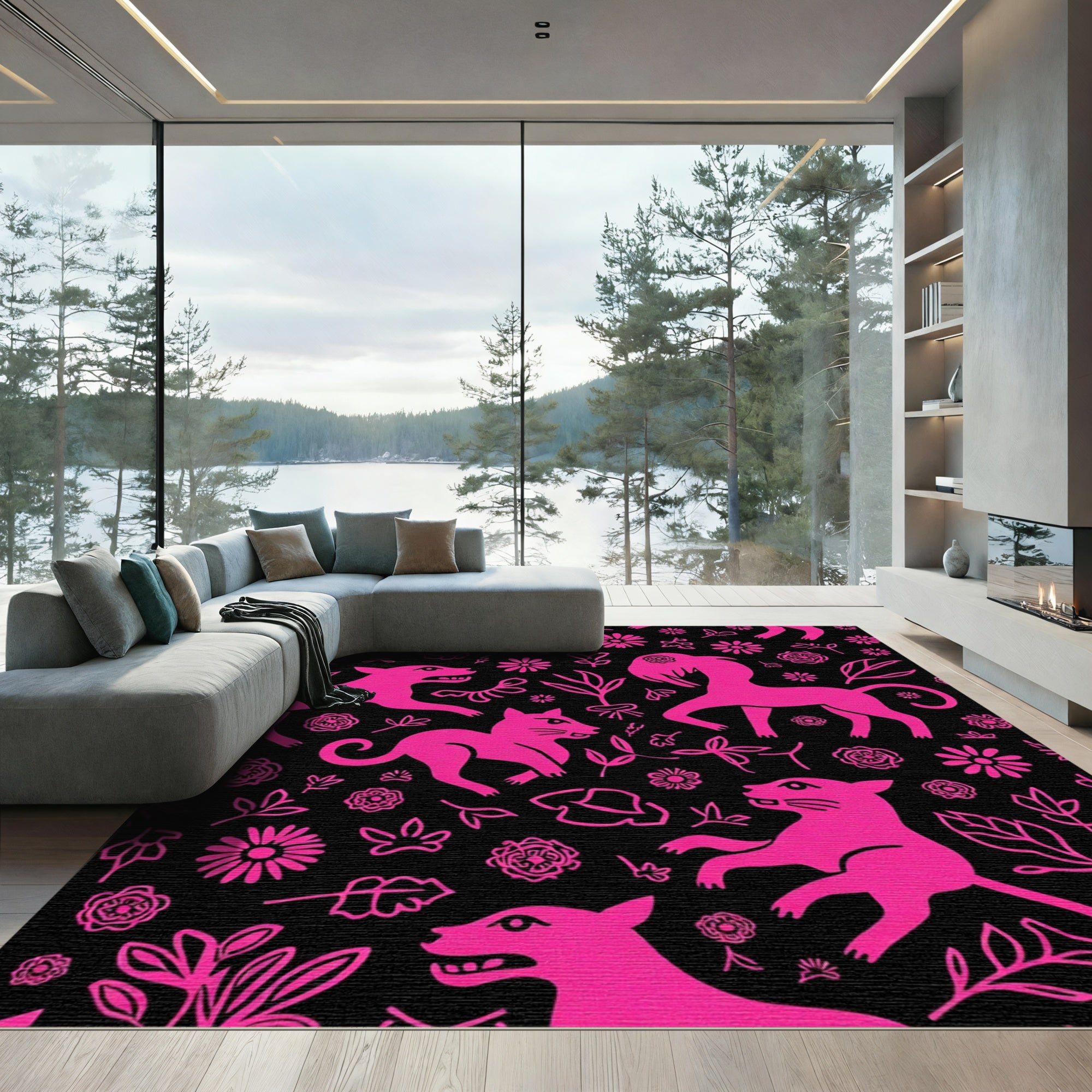 Bright Pink Animals Flowers Botanical Black Rug