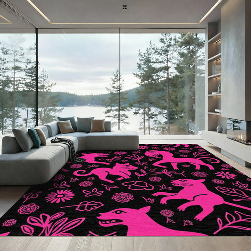 Bright Pink Animals Flowers Botanical Black Rug