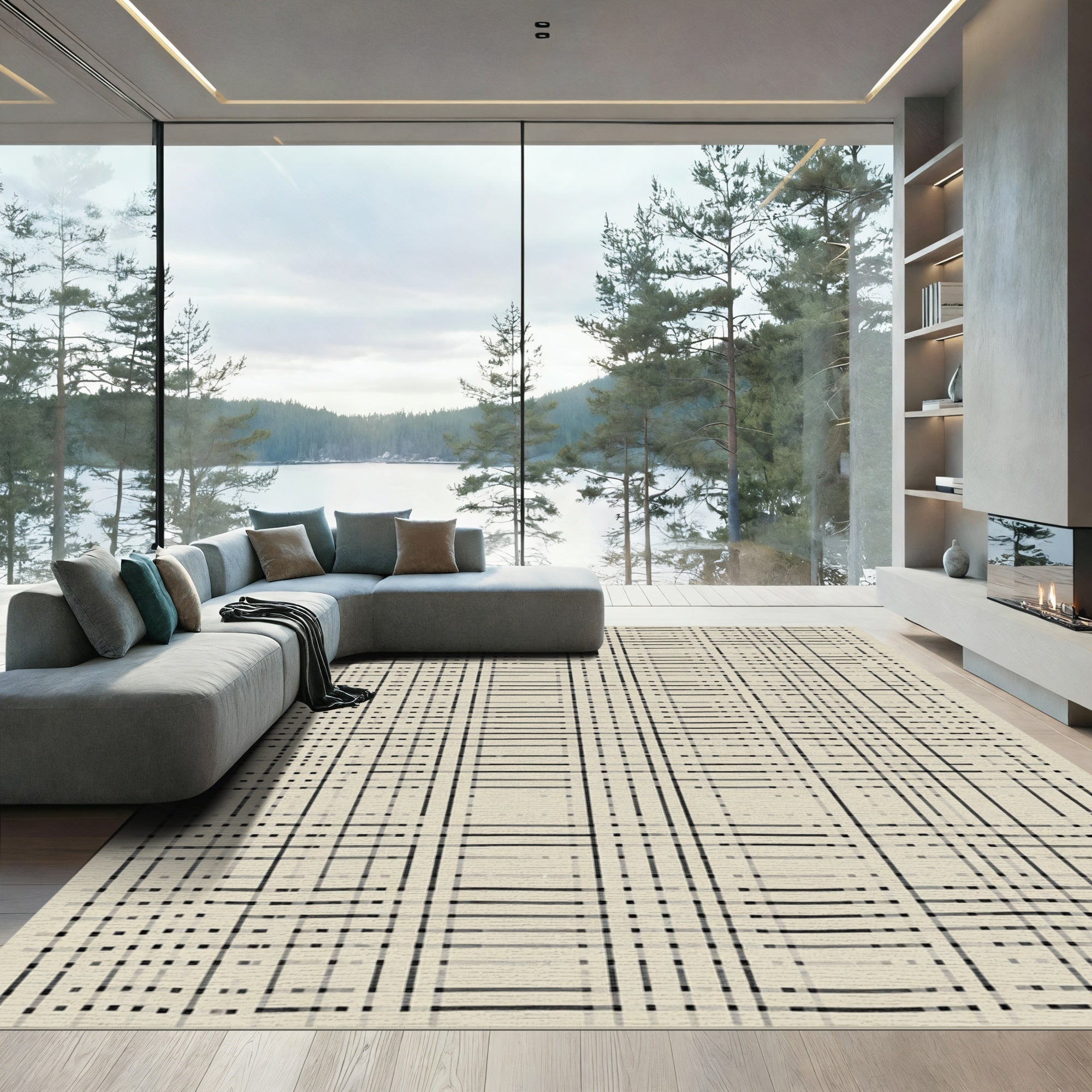 Grayscale Abstract Grid Weave Rug