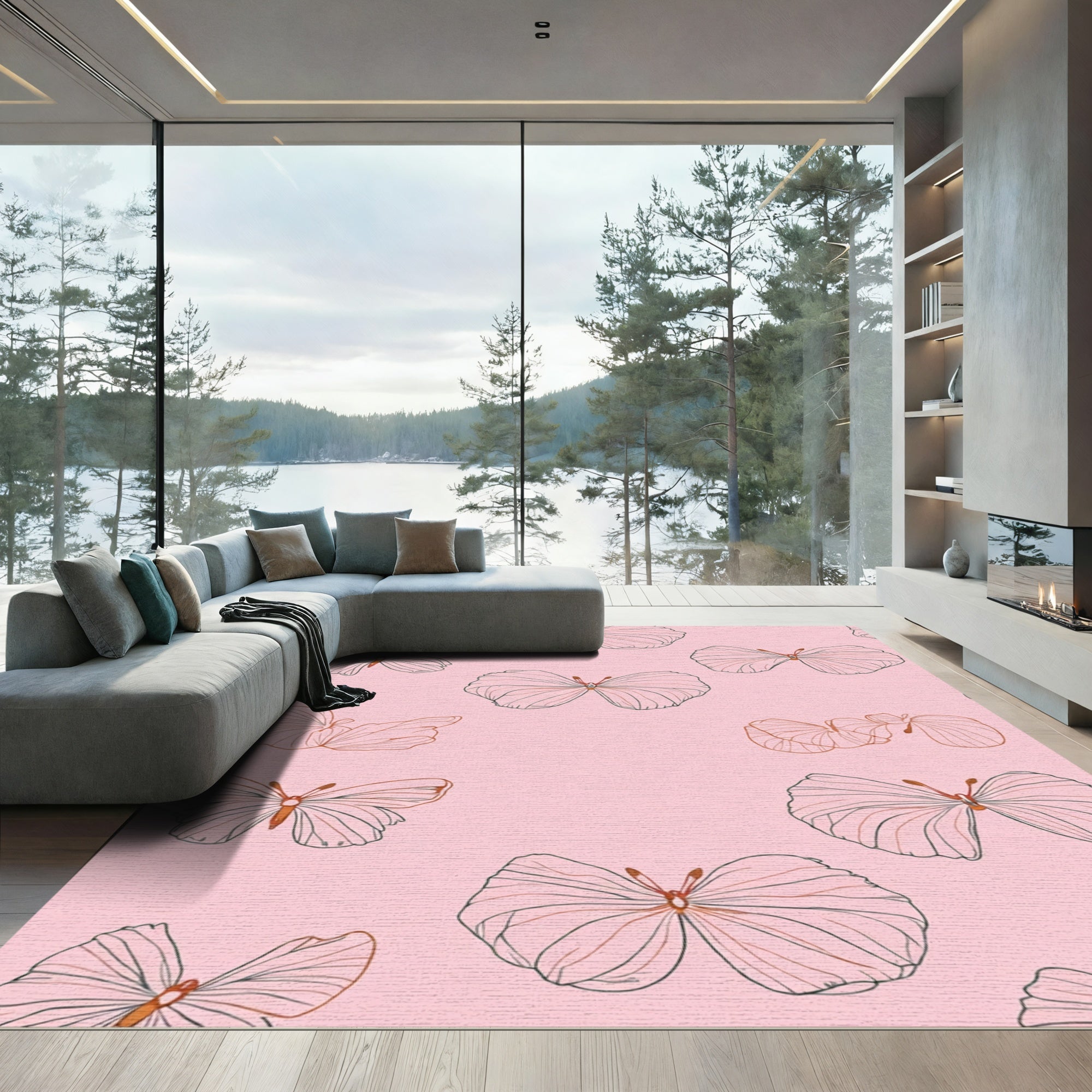 Pink Butterfly Garden Outline Rug