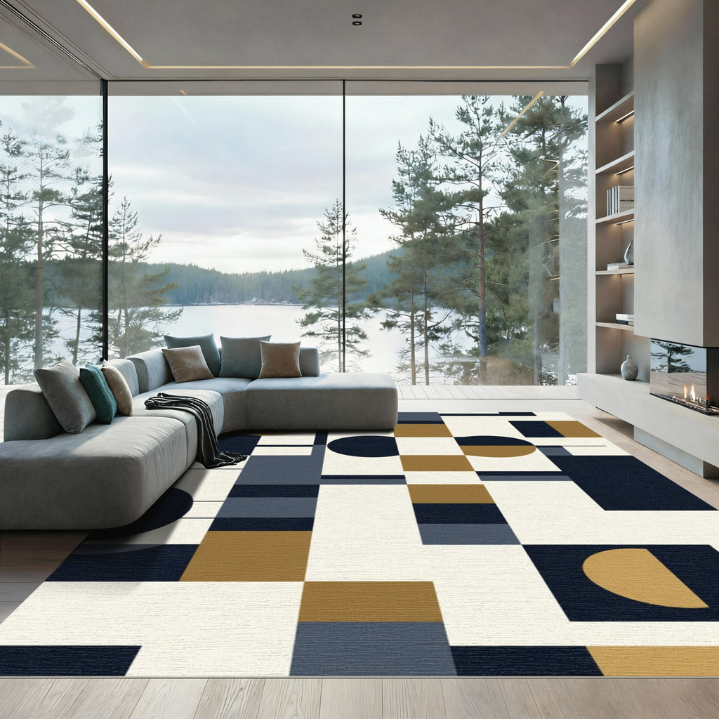 Navy Gold Abstract Geometric Rectangles Rug