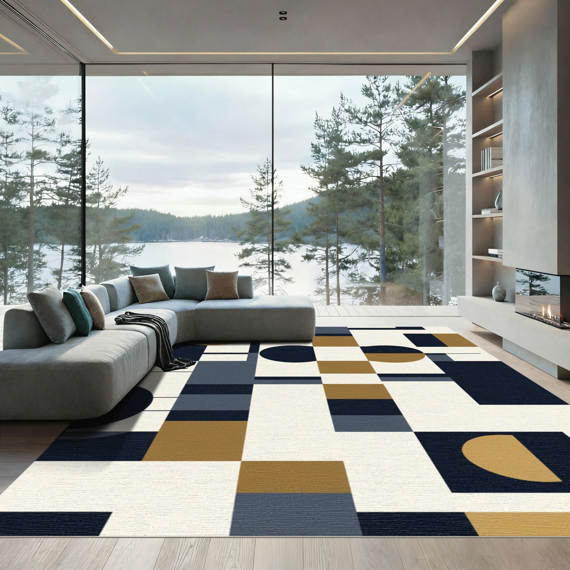 Navy Gold Abstract Geometric Rectangles Rug