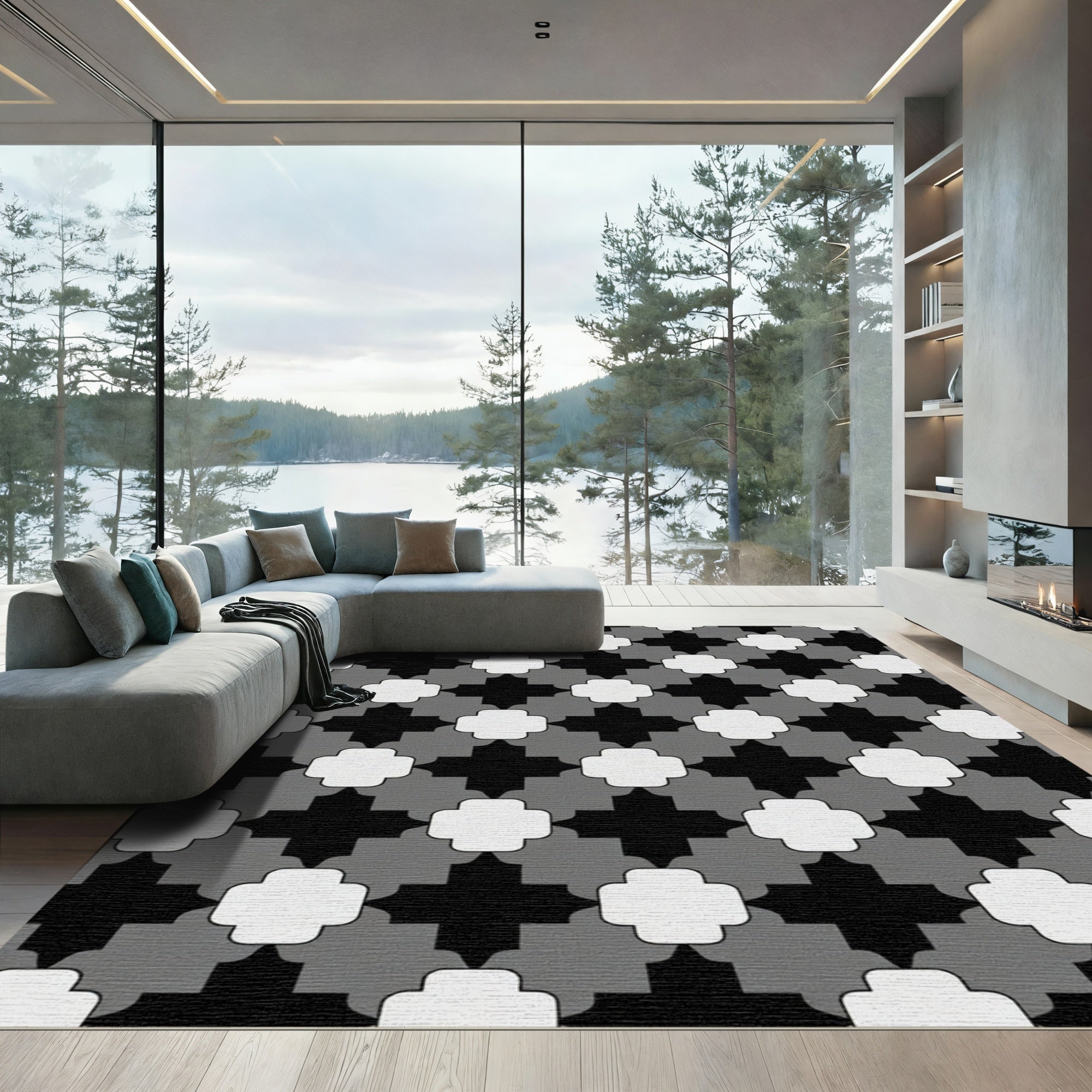 Black Gray White Quatrefoil Tile Rug