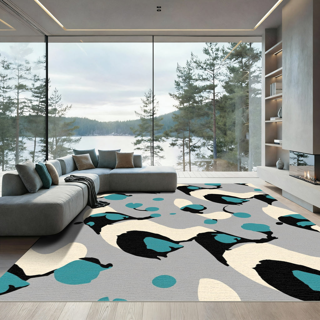 Abstract Teal Black Cream Animal Spotted Rug