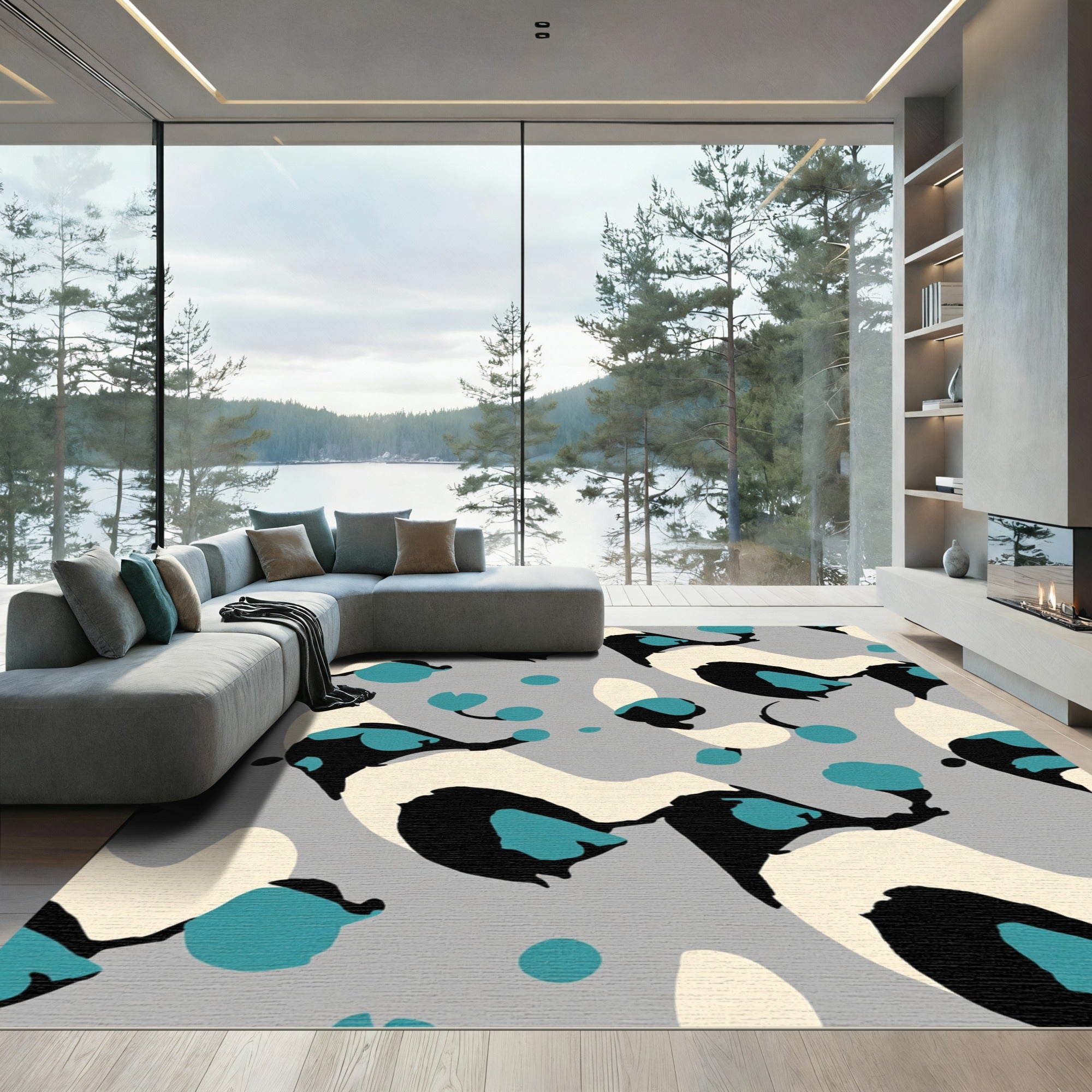 Abstract Teal Black Cream Animal Spotted Rug