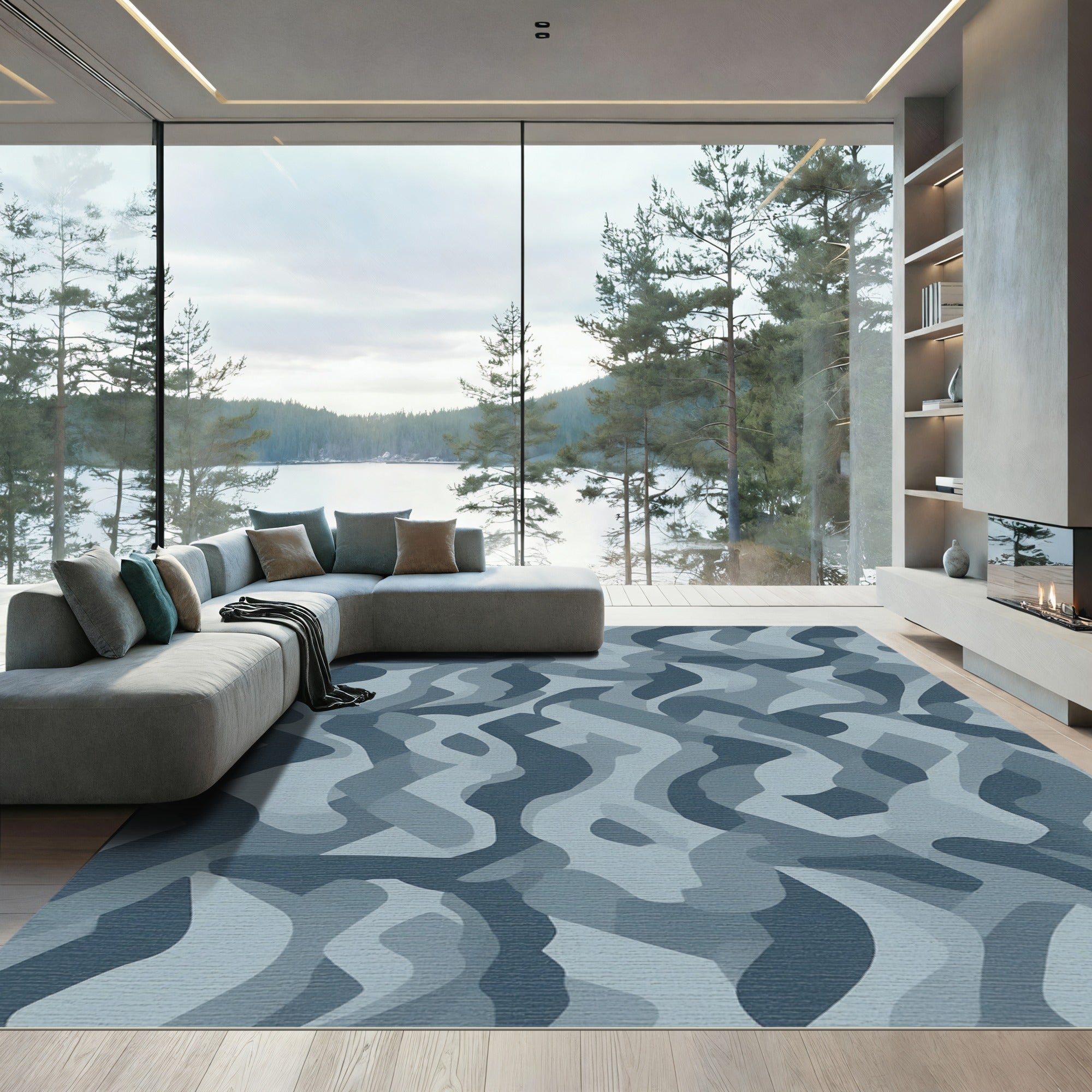 Muted Blue Abstract Camouflage Waves Rug