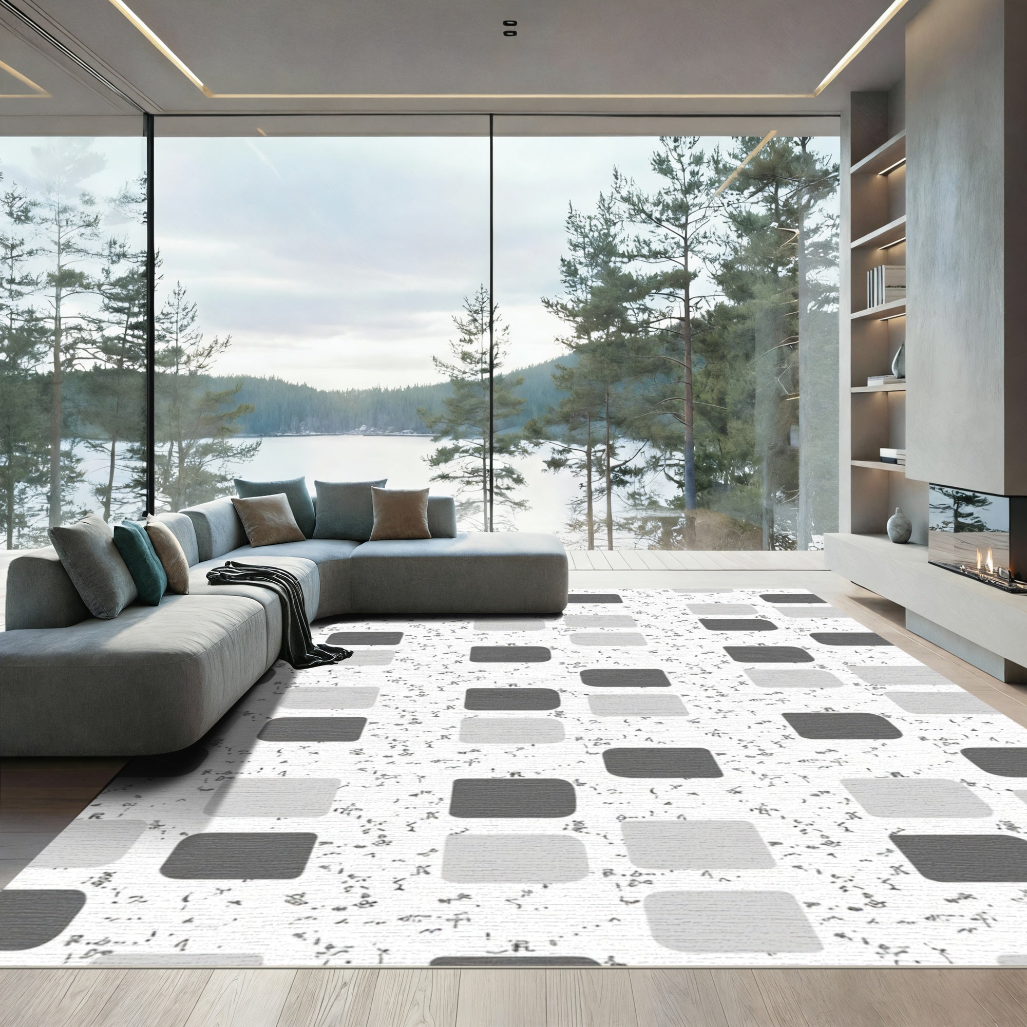 Modern Charcoal Gray Square Grid Rug