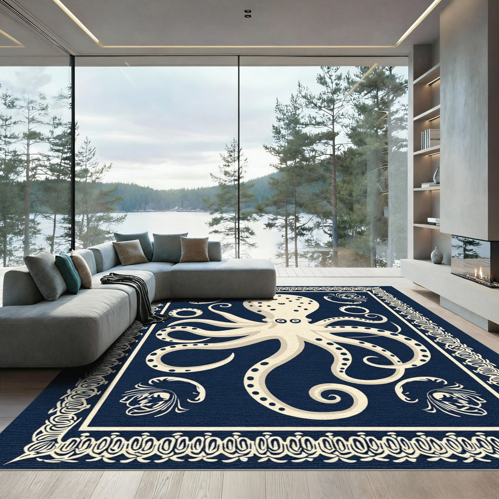 Cream Octopus Navy Victorian Border Rug