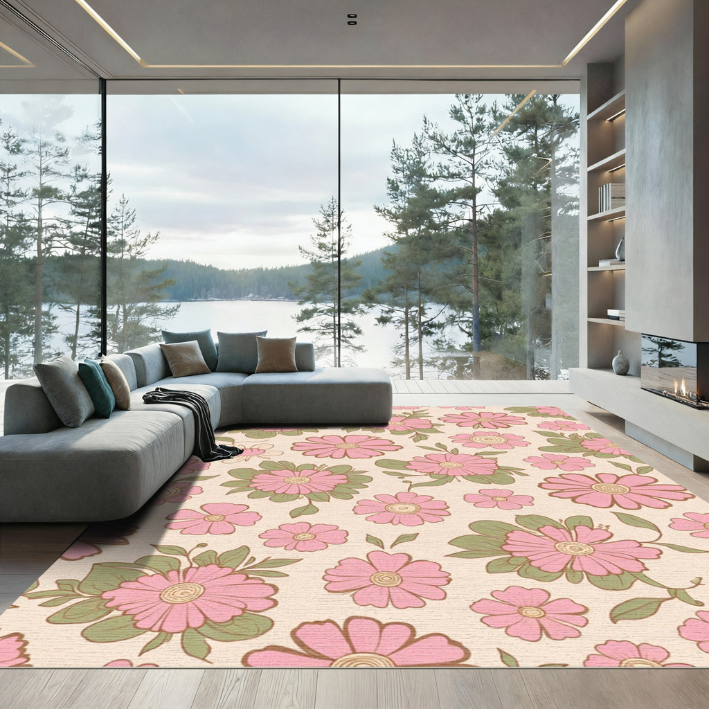 Pink Daisy Floral Garden Pattern Rug