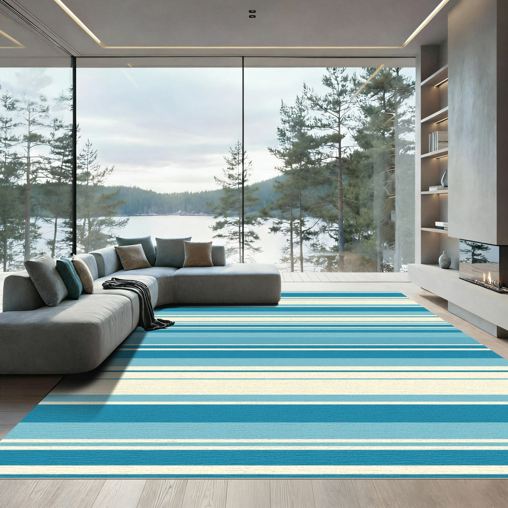 Coastal Blue Cream Striped Rug