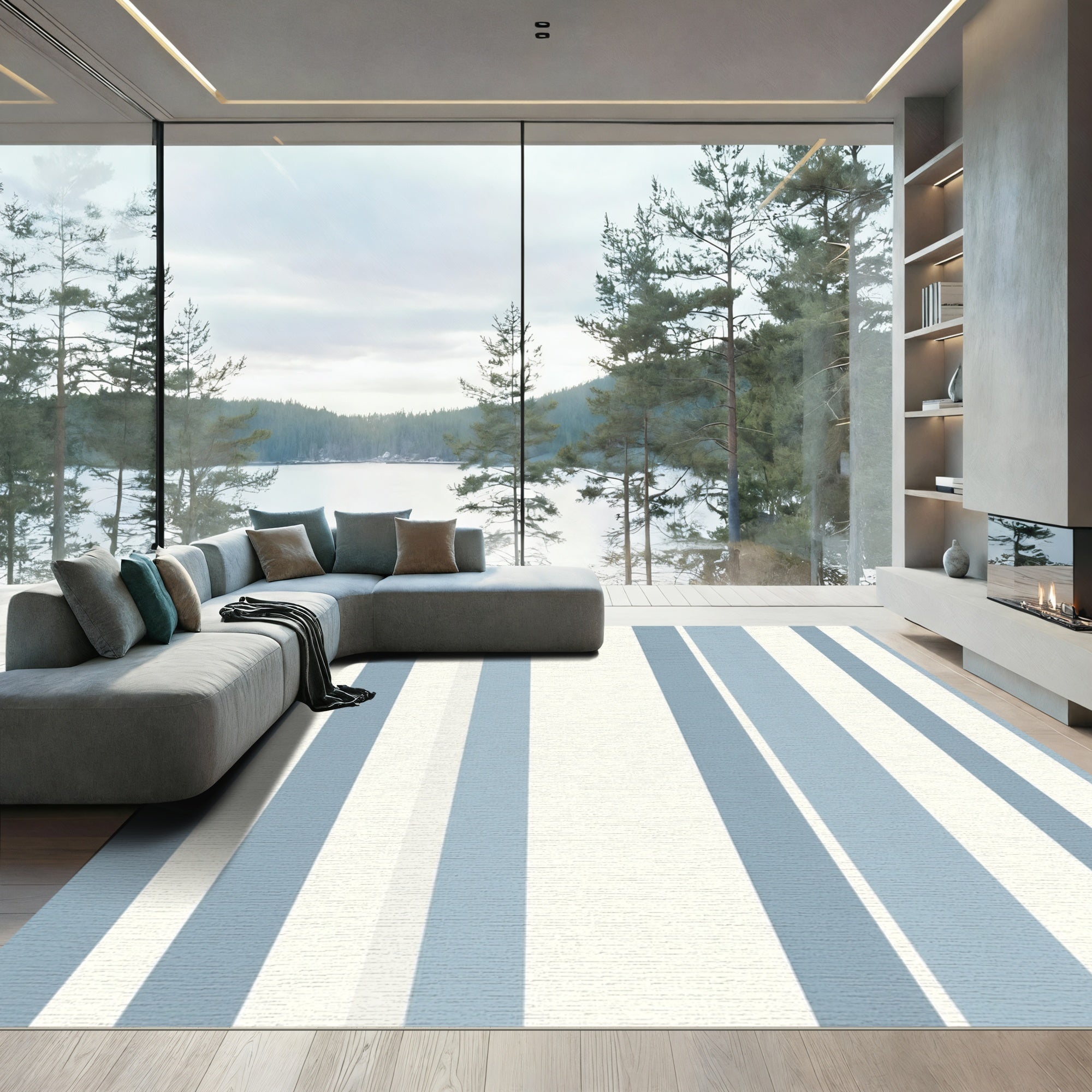 Serene Blue White Vertical Stripe Rug