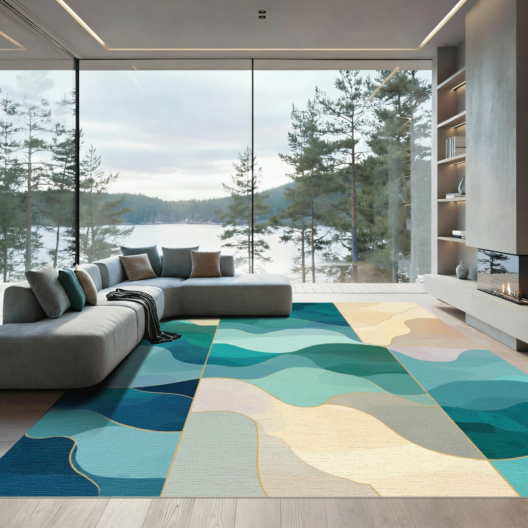 Abstract Teal Sand Dune Waves Rug