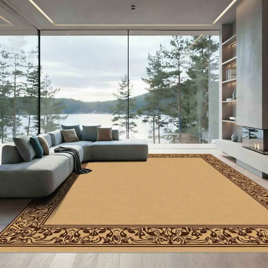 Oriental Ochre Floral Scrollwork Border Rug