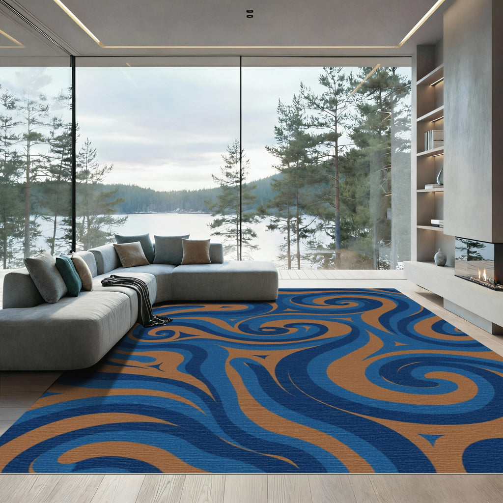 Deep Blue Swirls Brown Curves Rug