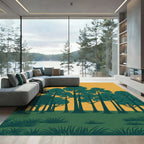 Teal Forest Trees Ochre Sky Landscape Rug