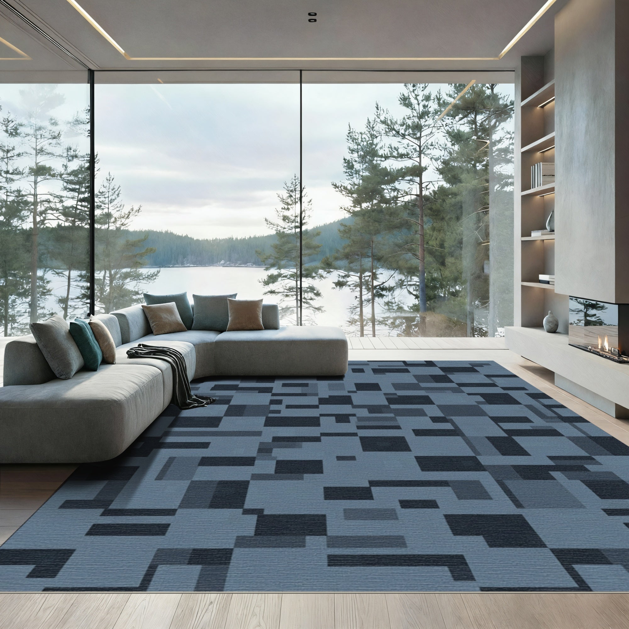 Abstract Blue Gray Geometric Layout Rug