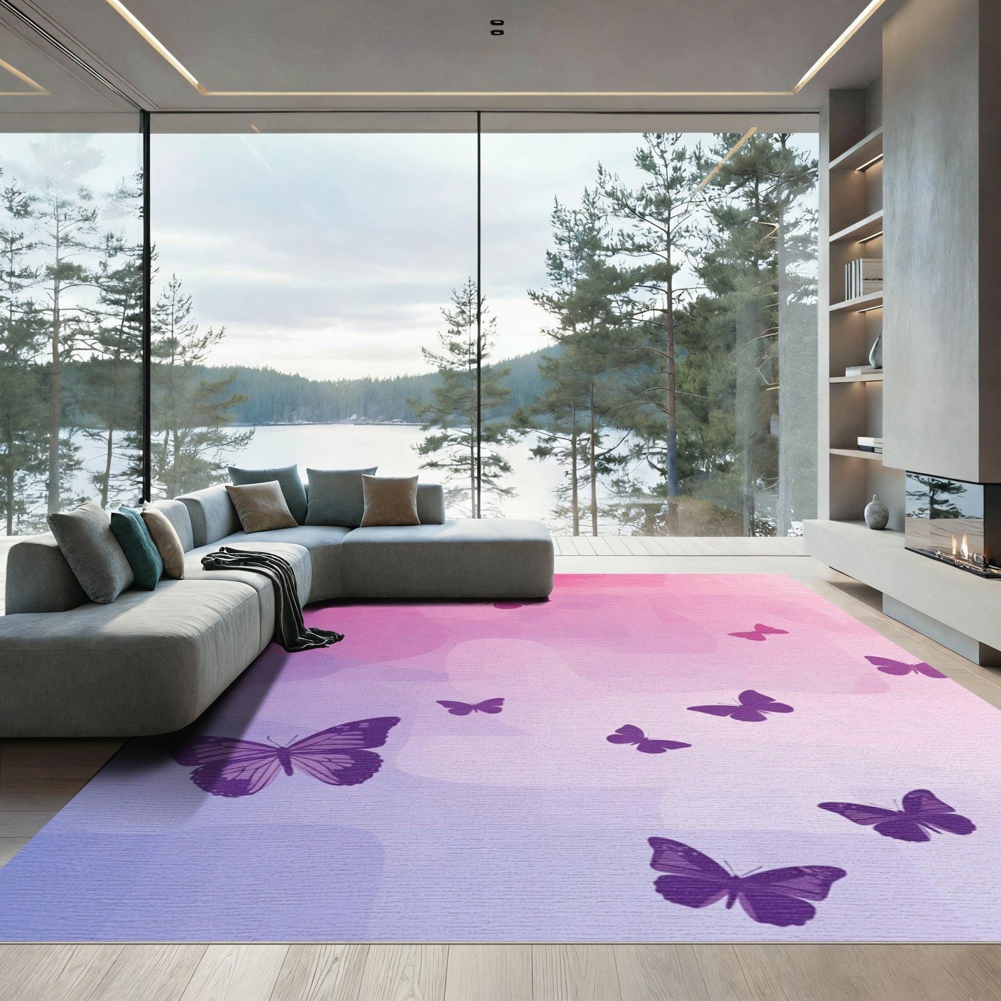 Winged Purple Butterflies Graceful Ombre Sky Rug
