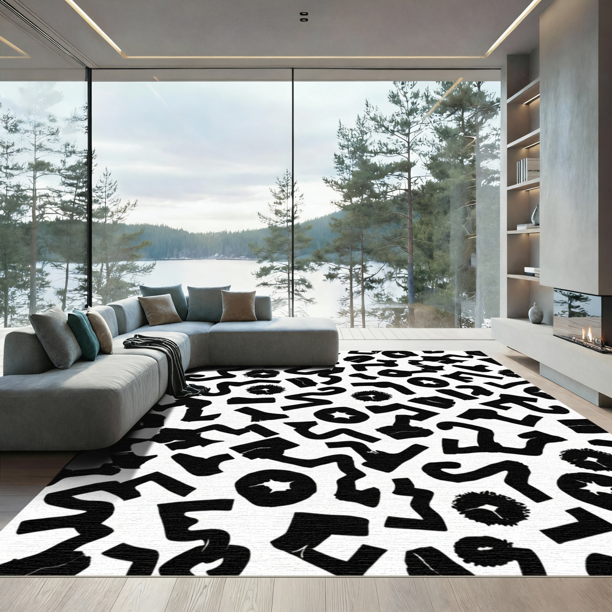 Abstract Black Geometric Shapes Rug