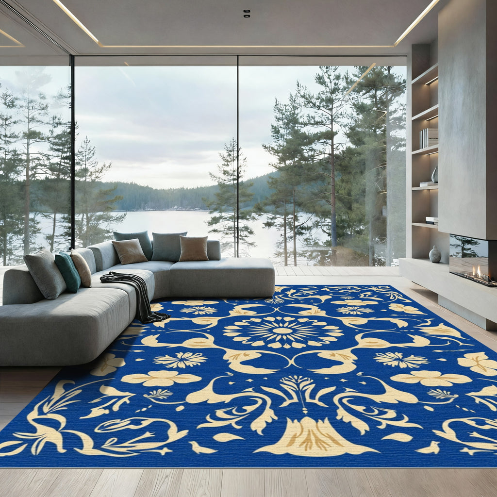 Royal Blue Cream Floral Scroll Motif Rug