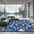 Royal Blue Cream Floral Scroll Motif Rug