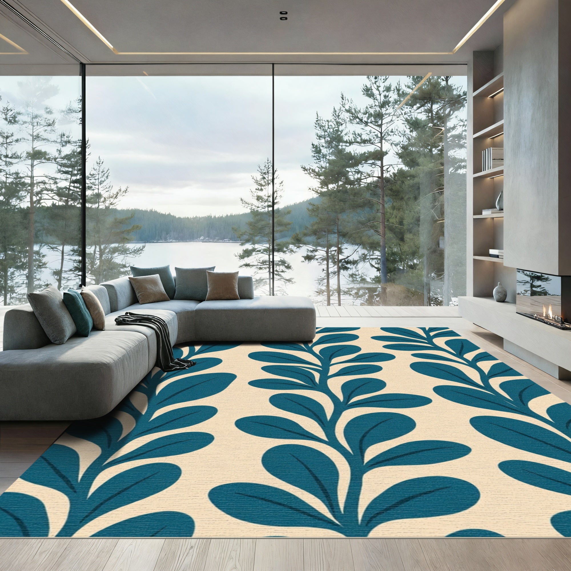 Teal Leafy Branch Midcentury Modern Rug