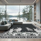 Monochrome Rabbits Floral Border Rug