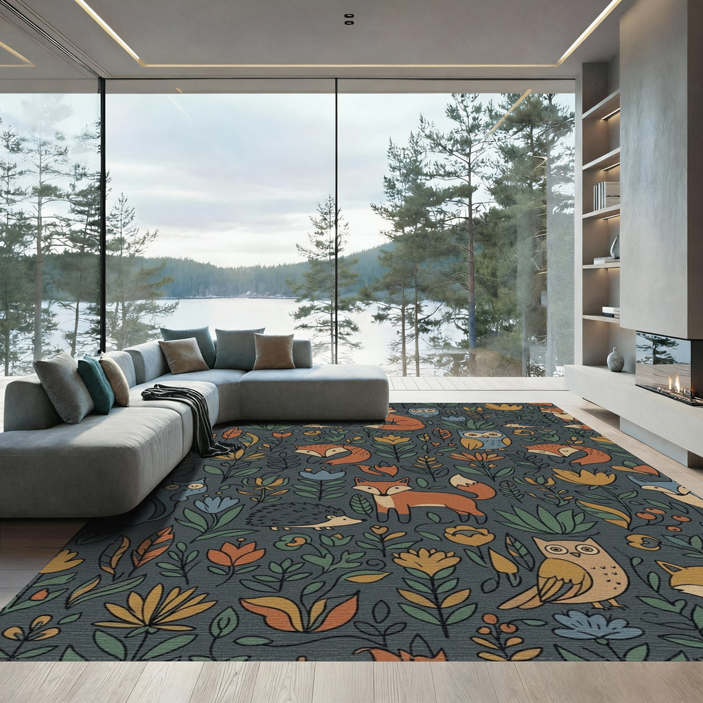 Woodland Creatures Foliage Mid Century Rug